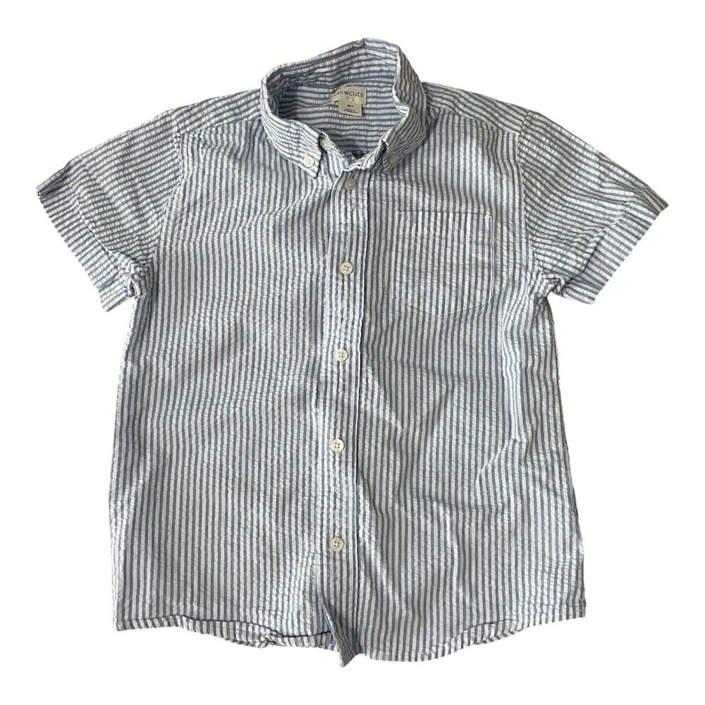 Crewcuts Factory Boys Short Sleeve Seersucker Shirt Blue White Stripe Size 6-7